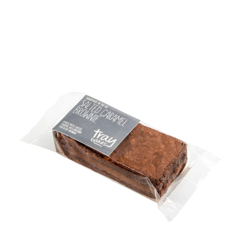 Packaged salted caramel brownie with a clear wrapper on a white background