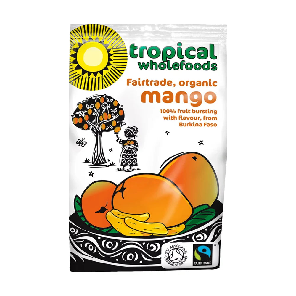 Tropical Wholefoods mango packaging with illustrations and text on a white background