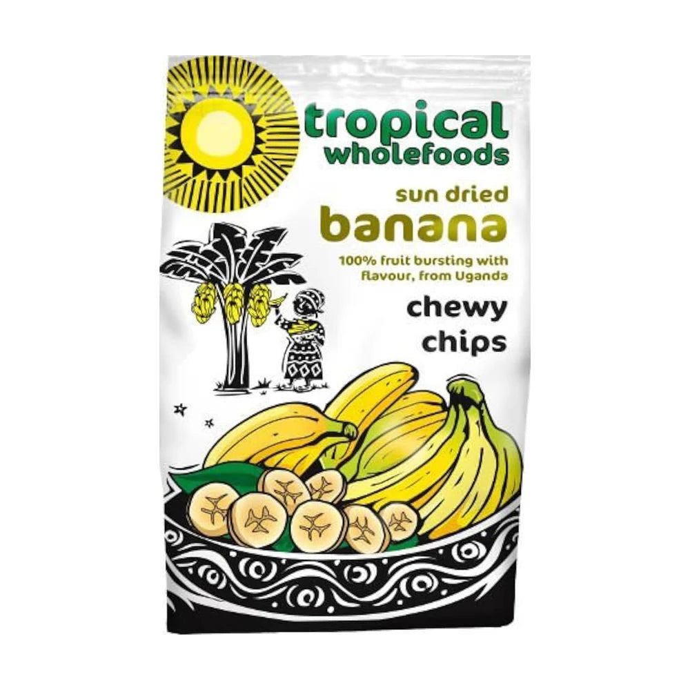 Pack of Tropical Wholefoods sun dried banana chewy chips on a white background