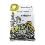 Packaging of dried shiitake mushrooms with illustrations on a white background