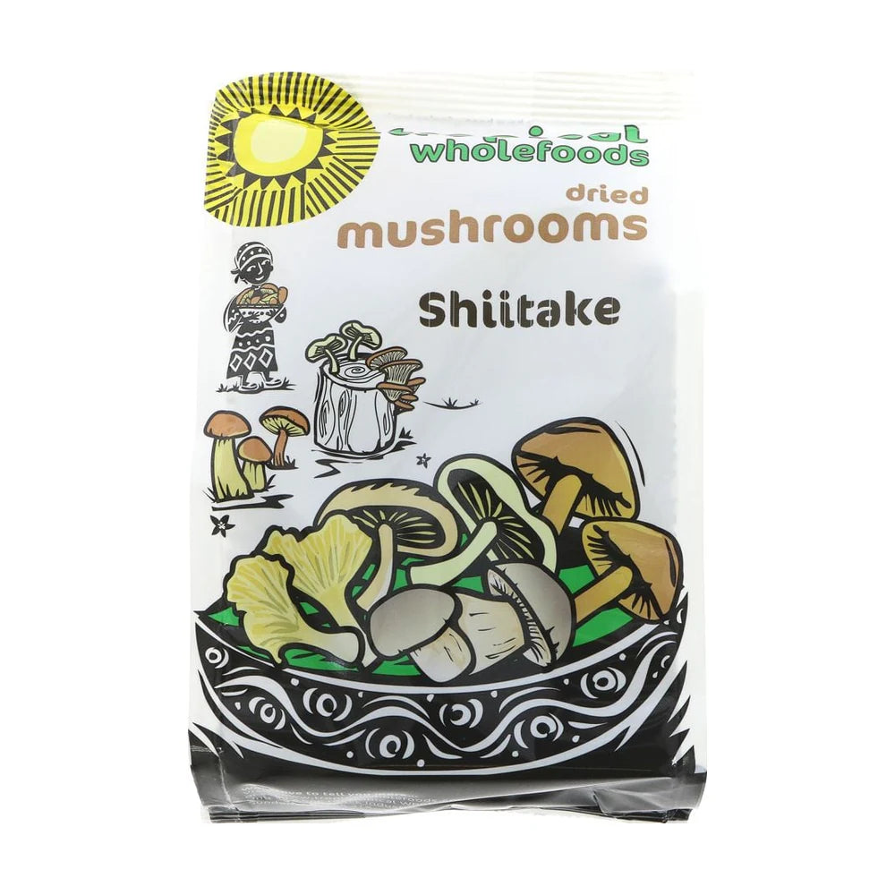 Packaging of dried shiitake mushrooms with illustrations on a white background