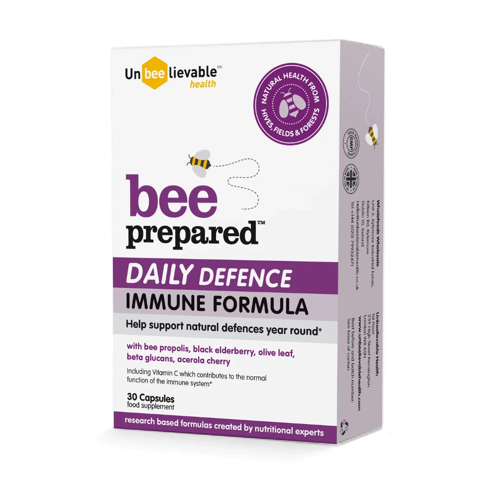 Box of 'bee prepared' Daily Defence Immune Formula by Unbelievable Health on a white background