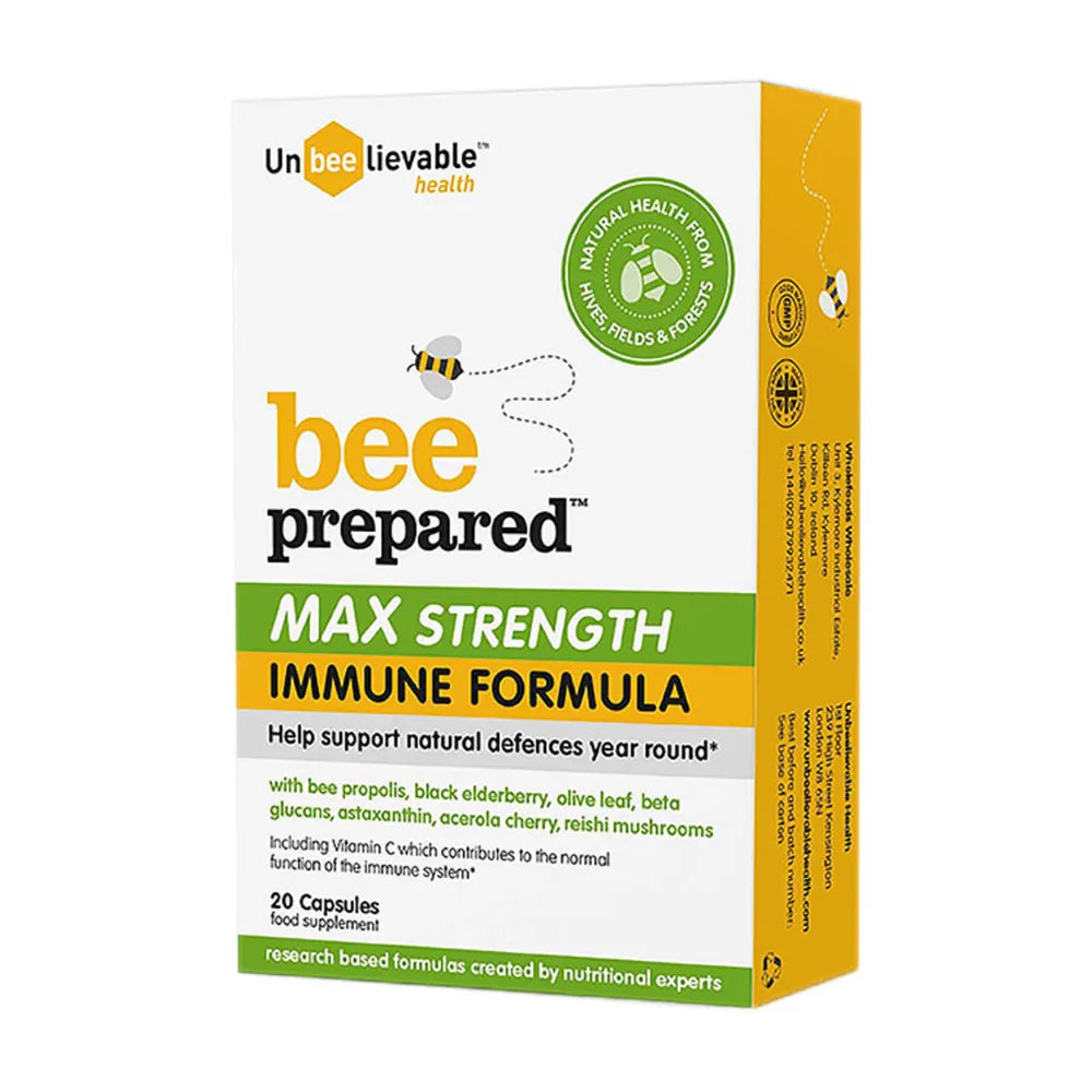 Box of 'bee Prepared' Max Strength Immune Formula by Unbeelievable Health on a white background