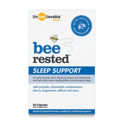 Package of Unbeelievable Health bee rested sleep support supplement on a white background