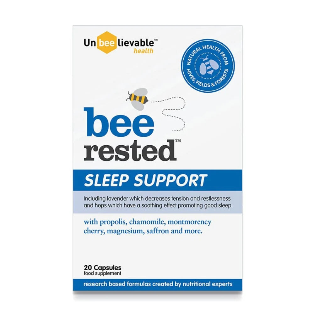 Package of Unbeelievable Health bee rested sleep support supplement on a white background