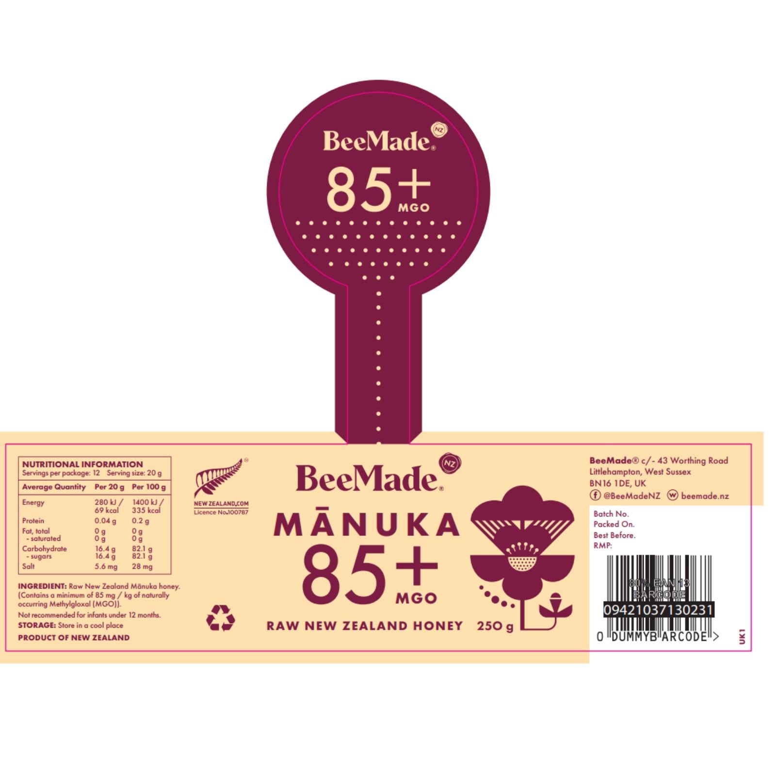 BeeMade Harvest New Zealand Manuka Honey MGO 85+ 250g