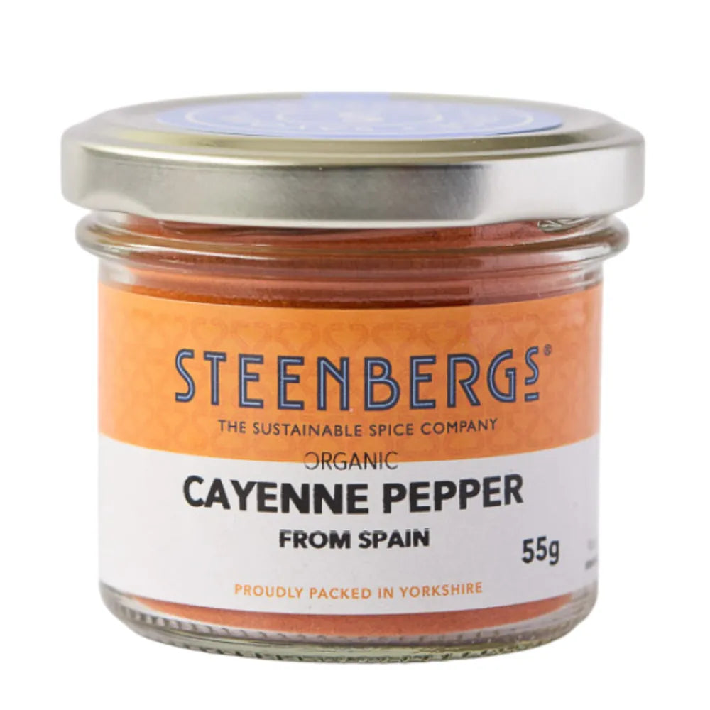 Jar of Steenbergs organic cayenne pepper on a white background
