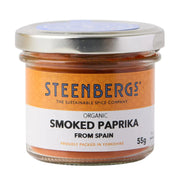 Jar of Steenbergs organic smoked paprika on a white background