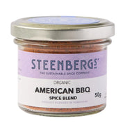 Steenbergs American BBQ spice blend jar on a white background