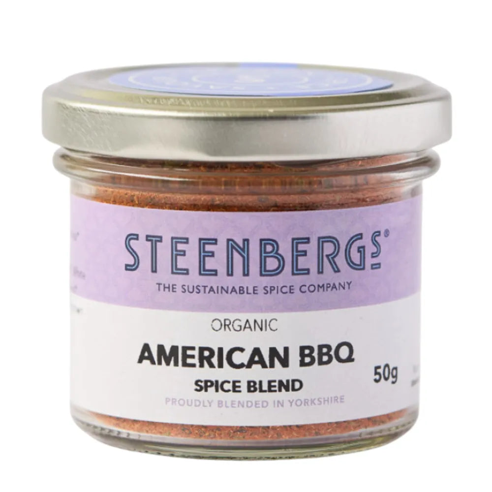 Steenbergs American BBQ spice blend jar on a white background
