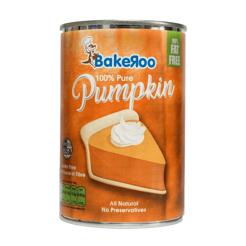 Can of BakeRoo 100% Pure Pumpkin with a slice of pumpkin pie on an orange background