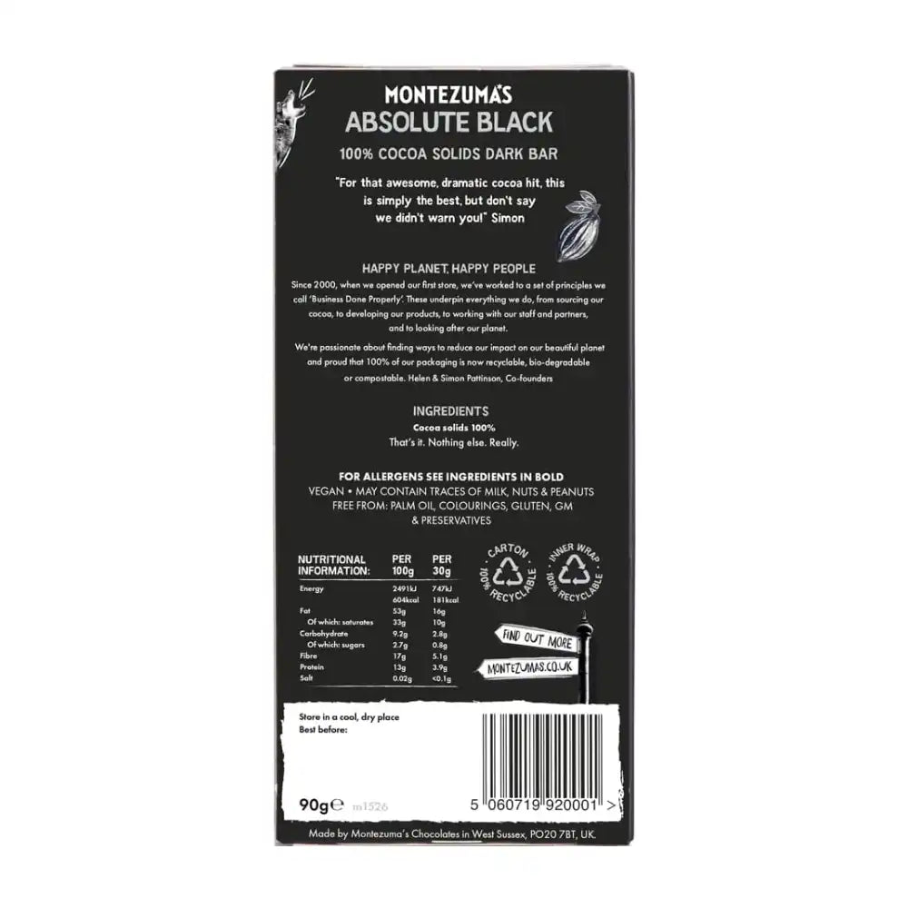Montezuma Absolute Black 100% Cocoa Chocolate 12 x 90g