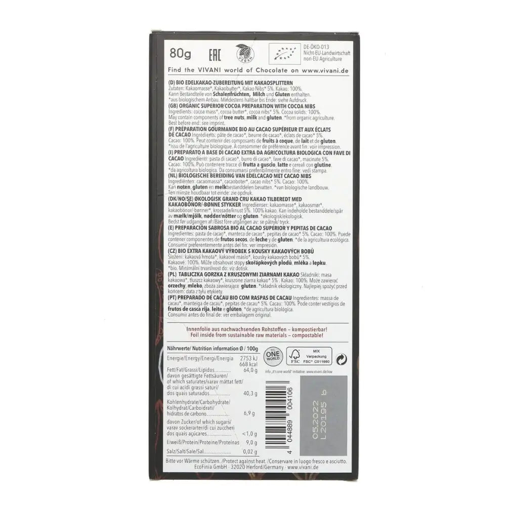 Vivani Organic Superior Dark 100% with Cocoa Nibs Chocolate Bar 10 x 80g