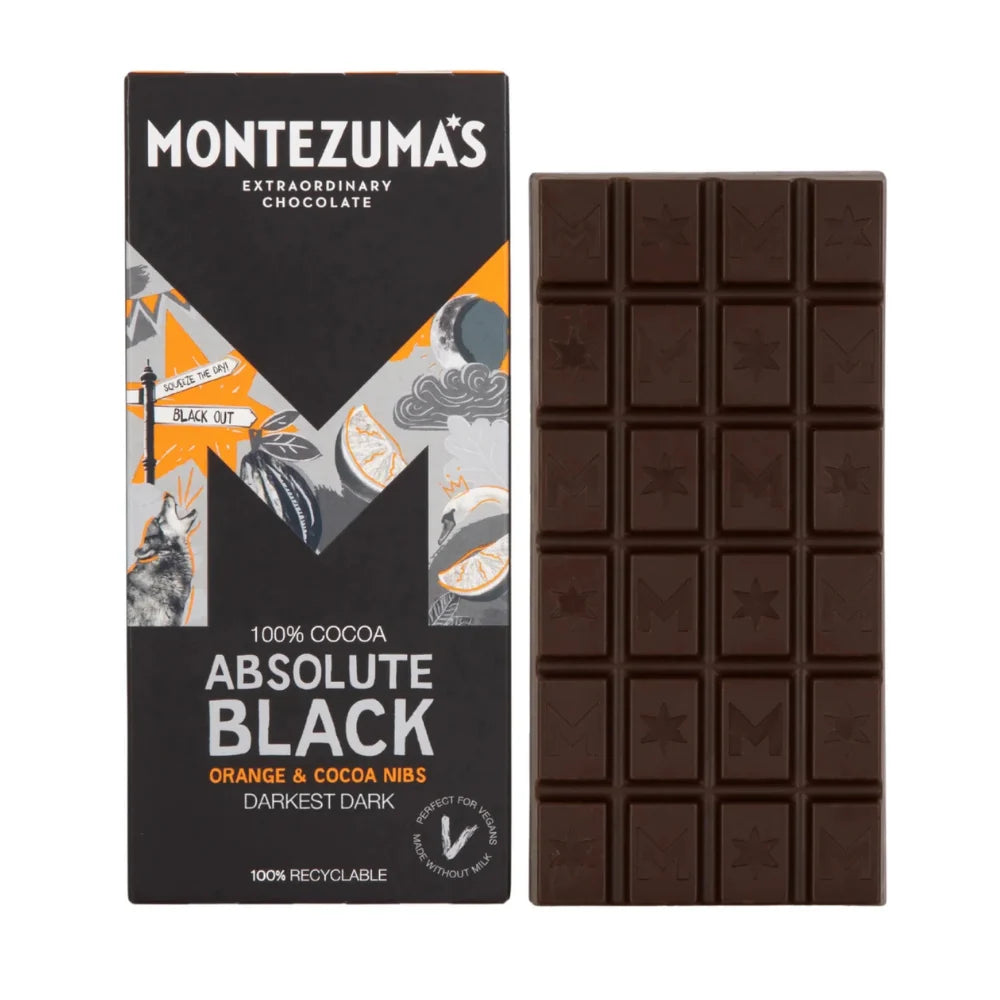 Montezuma Absolute Black Chocolate with Orange & Cocoa Nibs 12 x 90g