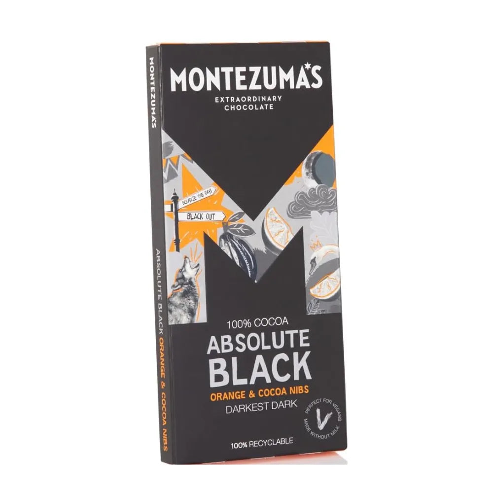 Montezuma Absolute Black Chocolate with Orange & Cocoa Nibs 12 x 90g