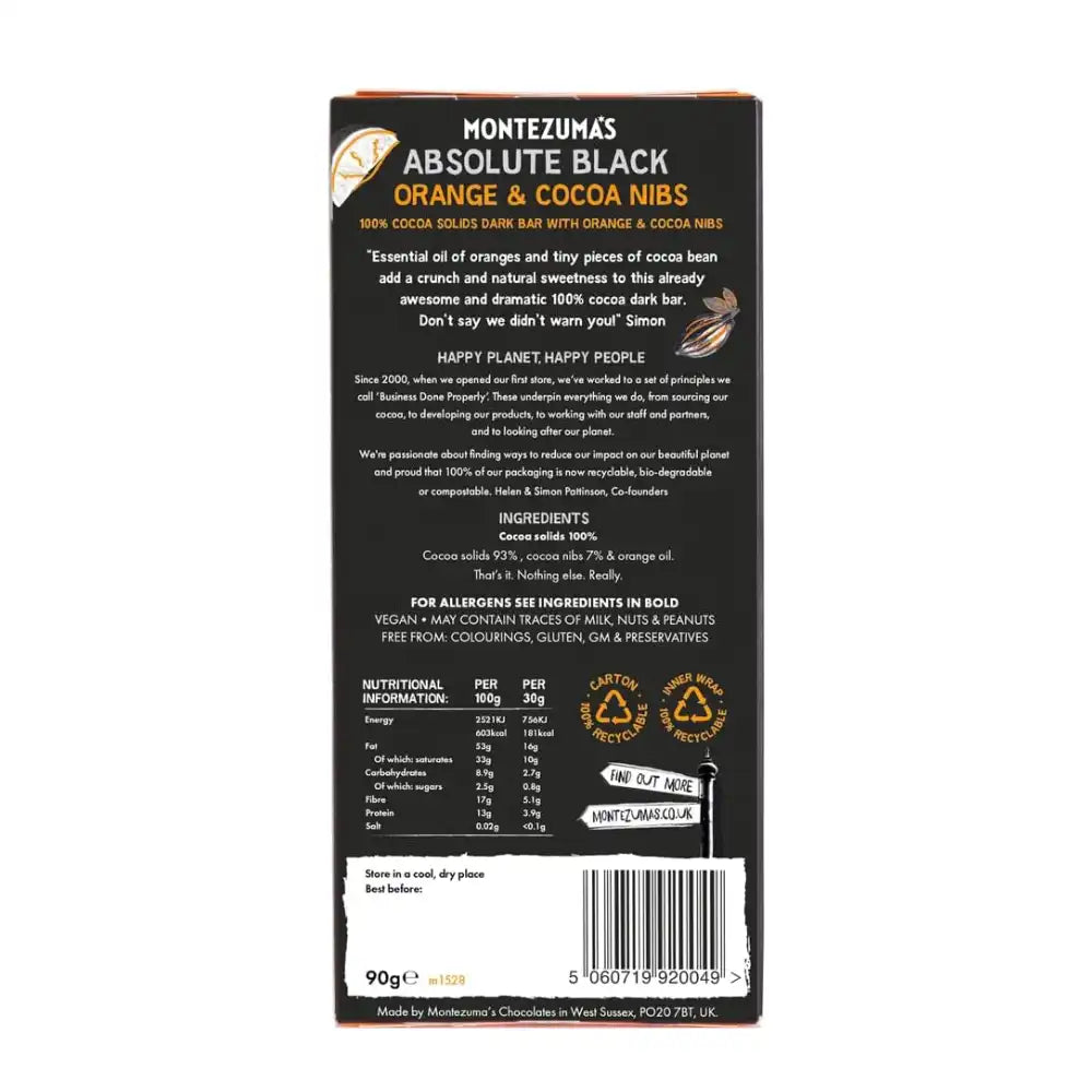 Montezuma Absolute Black Chocolate with Orange & Cocoa Nibs 12 x 90g