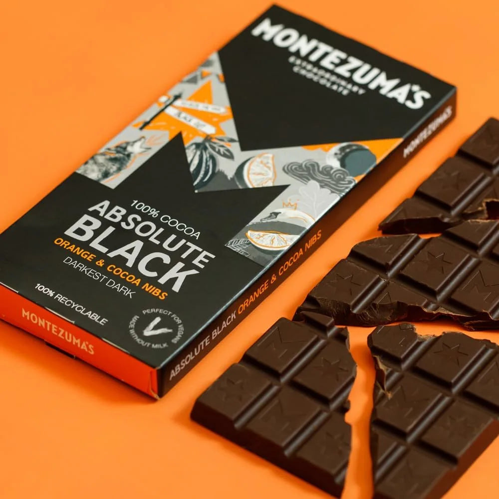 Montezuma Absolute Black Chocolate with Orange & Cocoa Nibs 12 x 90g