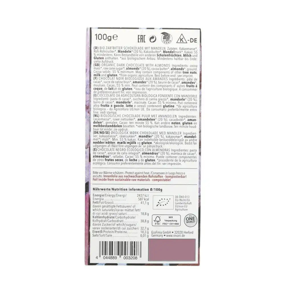 Vivani Organic Dark & Almonds Chocolate Bar 10 x 100g