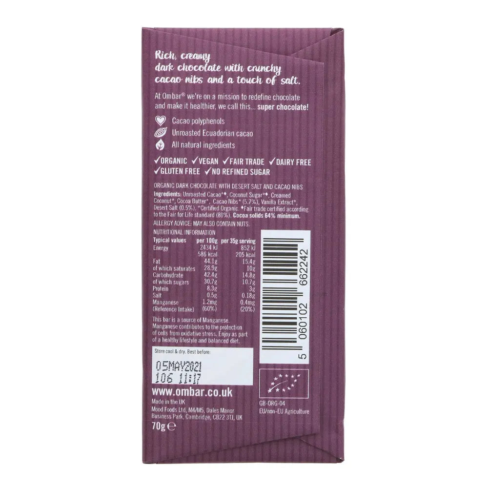 Ombar Salt & Nibs Chocolate Bars 10 x 70g