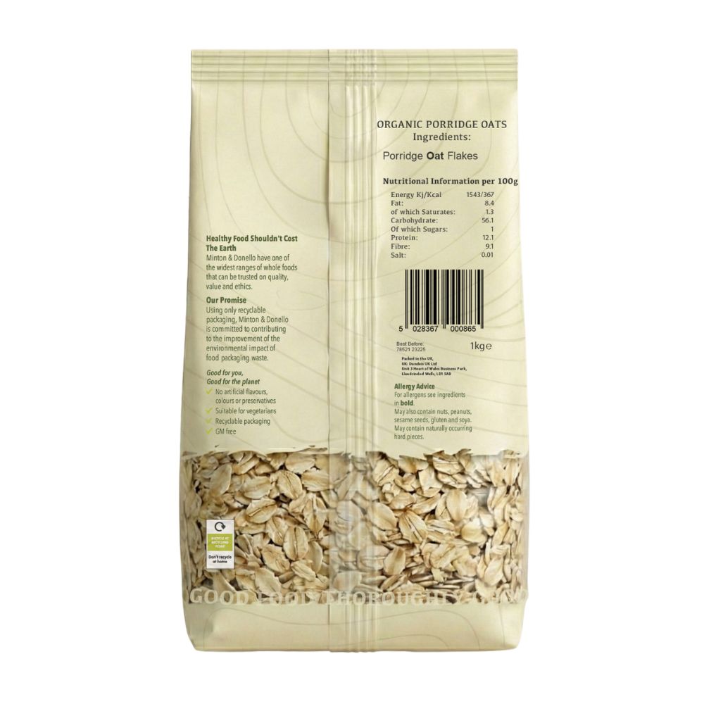 Minton & Donello Organic Porridge Oats 6 x 1Kg
