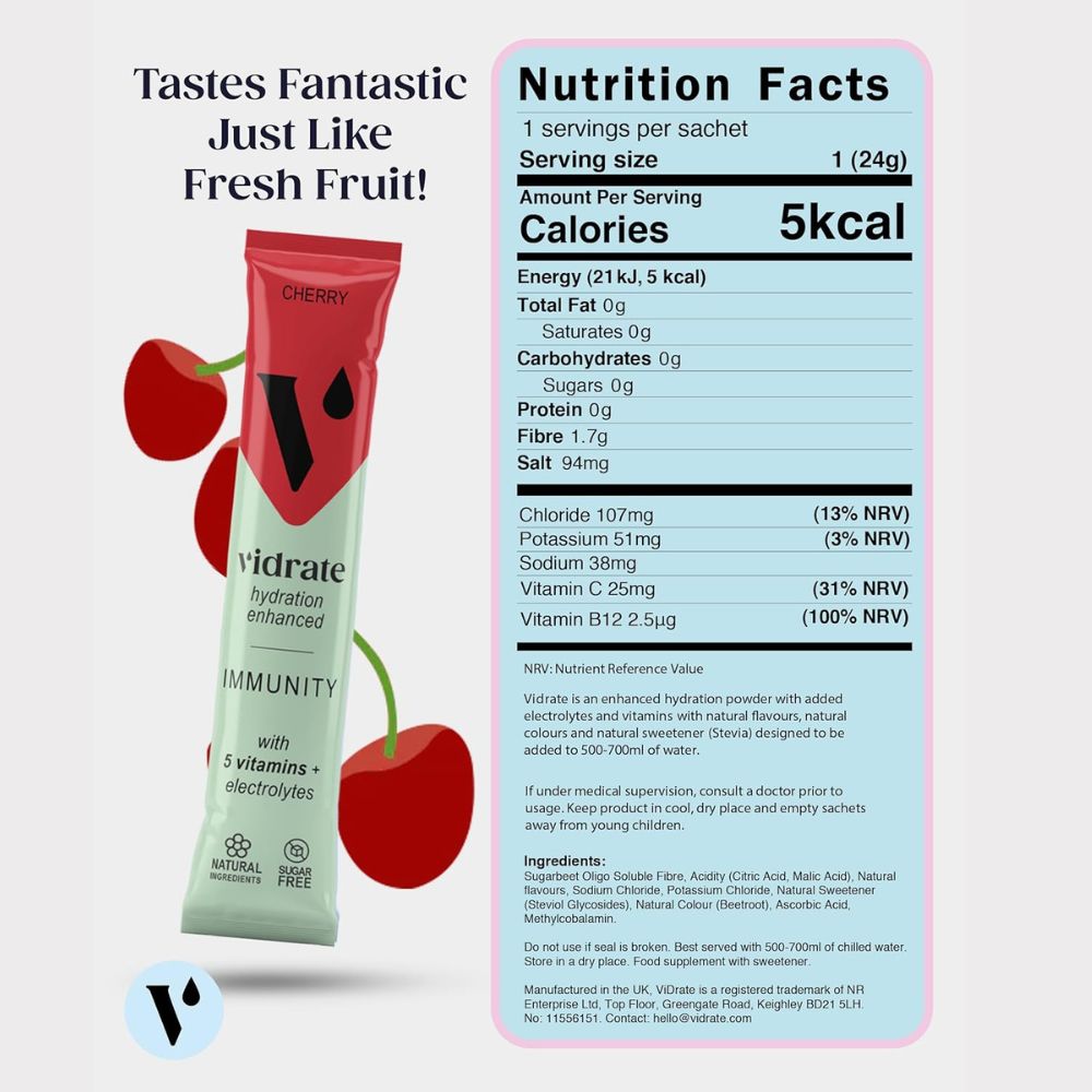 ViDrate Cherry Immunity Hydration Powder Sachets 10 x 3g