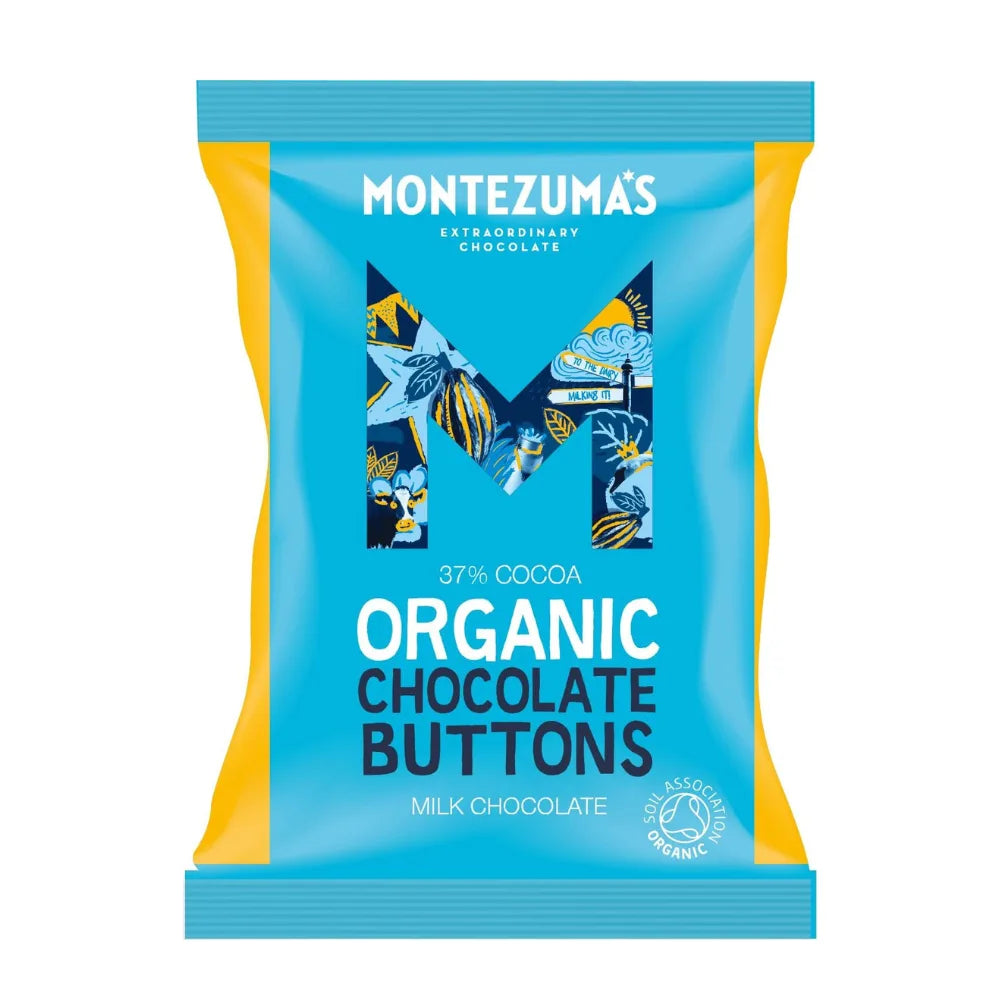Montezuma's Organic Chocolate Buttons packaging on a white background