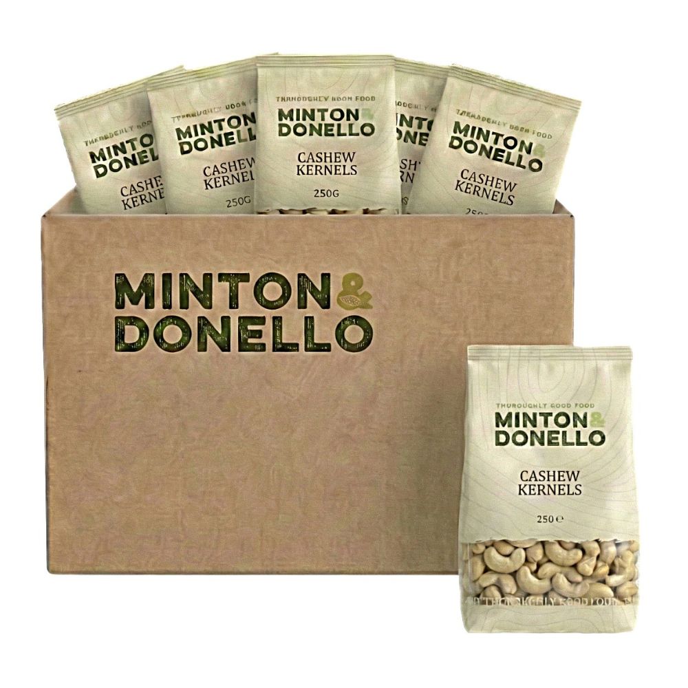 Minton & Donello cashew kernels packaging with a cardboard box and single packet on a white background