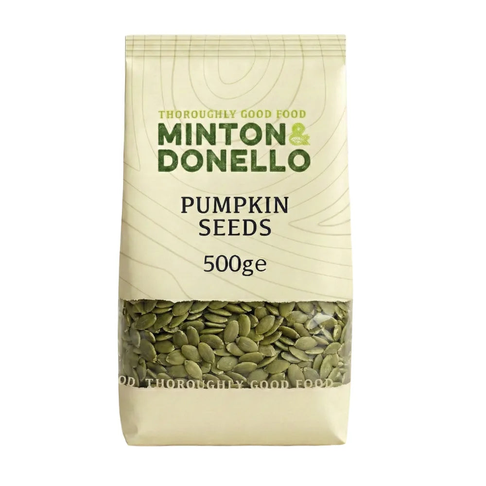Bag of Minton & Donello pumpkin seeds on a white background