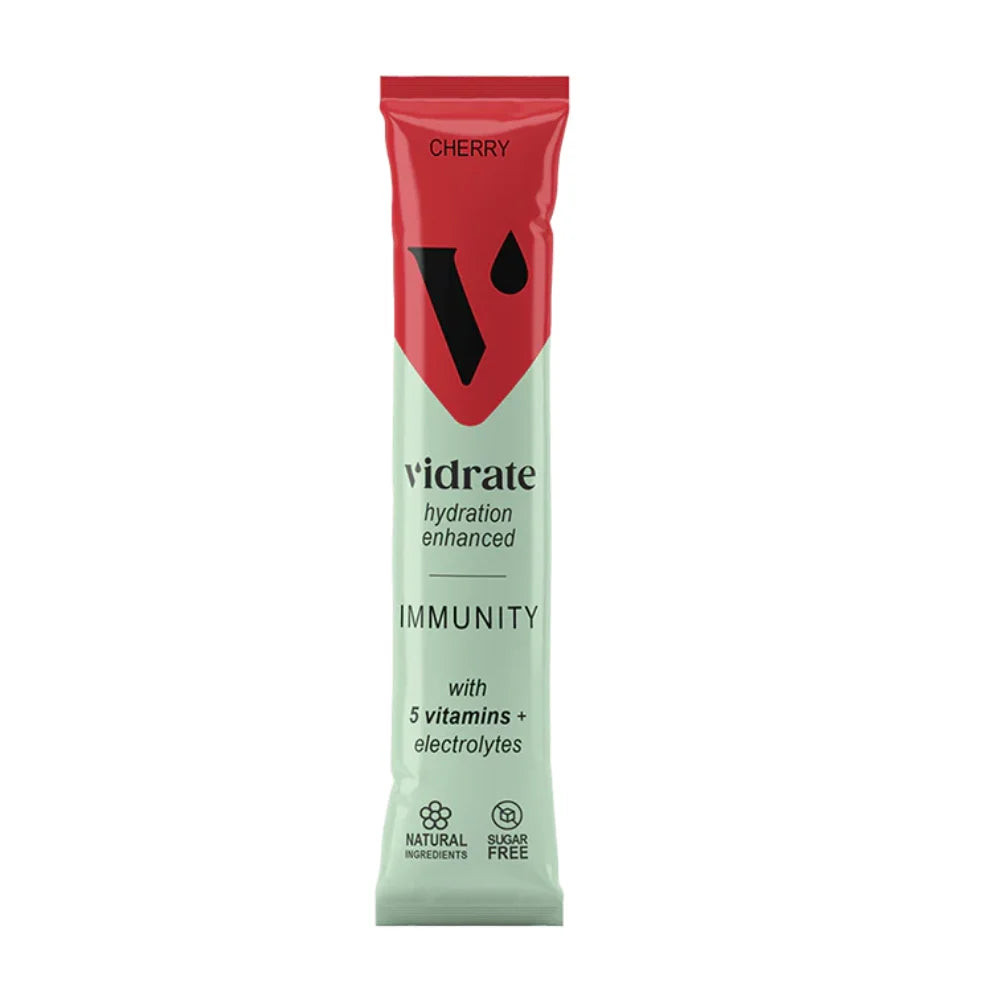 Vidrate immunity supplement stick pack with cherry flavor on a white background
