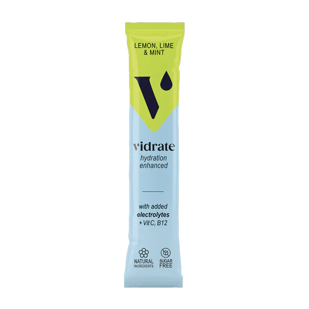 Vidrate hydration enhanced drink mix packet with lemon, lime, and mint flavor on a white background
