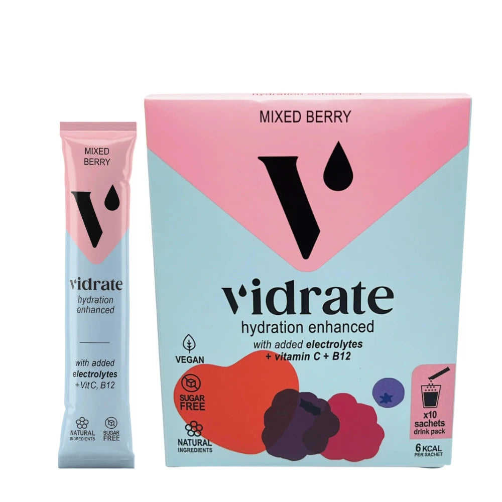 Vidrate mixed berry hydration enhanced drink package and sachet on a white background