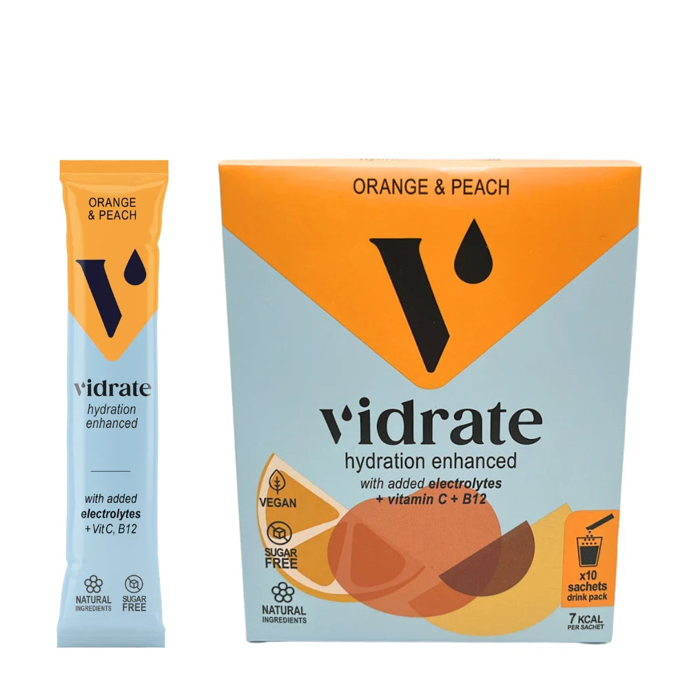 Vidrate hydration enhanced drink package with orange and peach flavor on a white background
