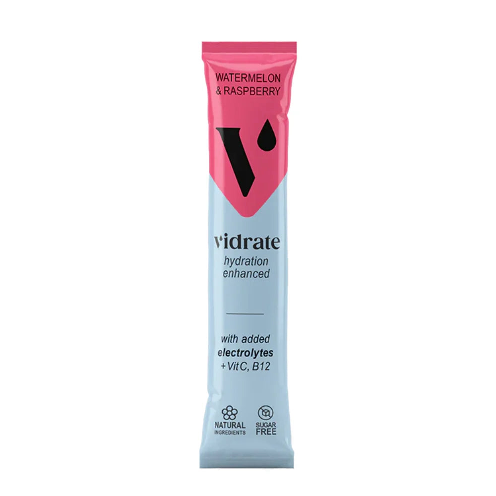 Vidrate hydration enhanced package with watermelon and raspberry flavor on a white background