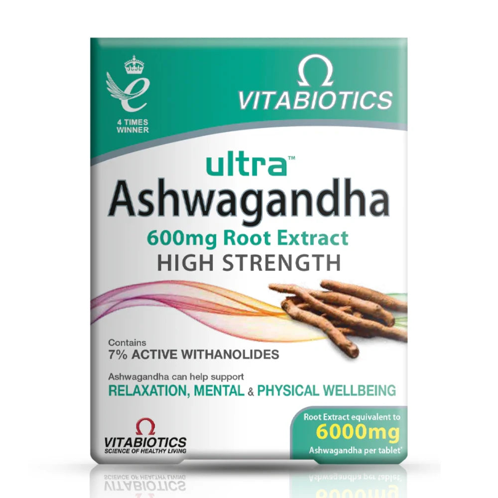 Vitabiotics Ultra Ashwagandha supplement packaging on a white background
