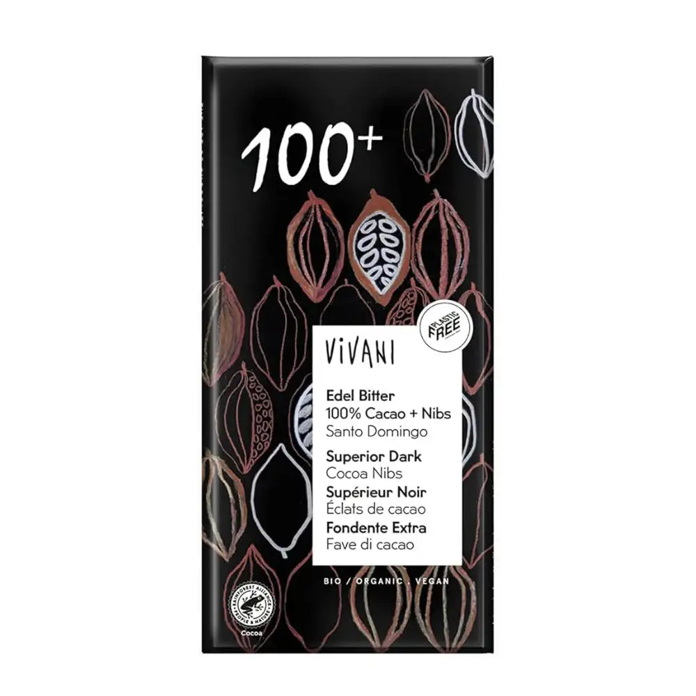 Vivani Organic Superior Dark 100% with Cocoa Nibs Chocolate Bar 10 x 80g