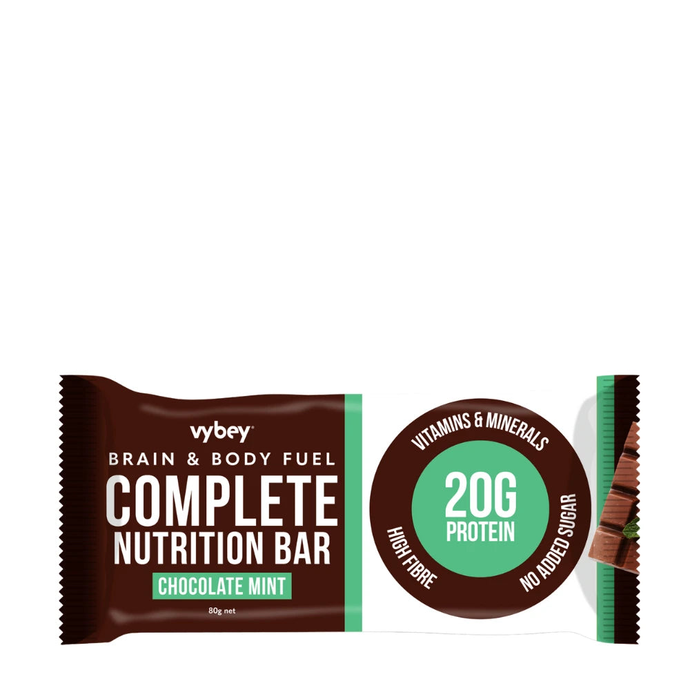 Vybeey Complete Nutrition Bar packaging with chocolate mint flavor on a white background