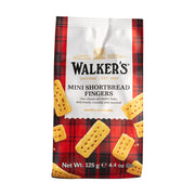 Packaging of Walker's Mini Shortbread Fingers on a red and black plaid background