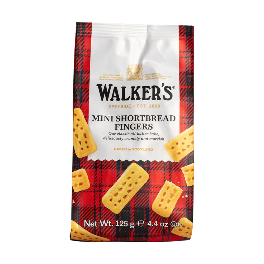 Packaging of Walker's Mini Shortbread Fingers on a red and black plaid background