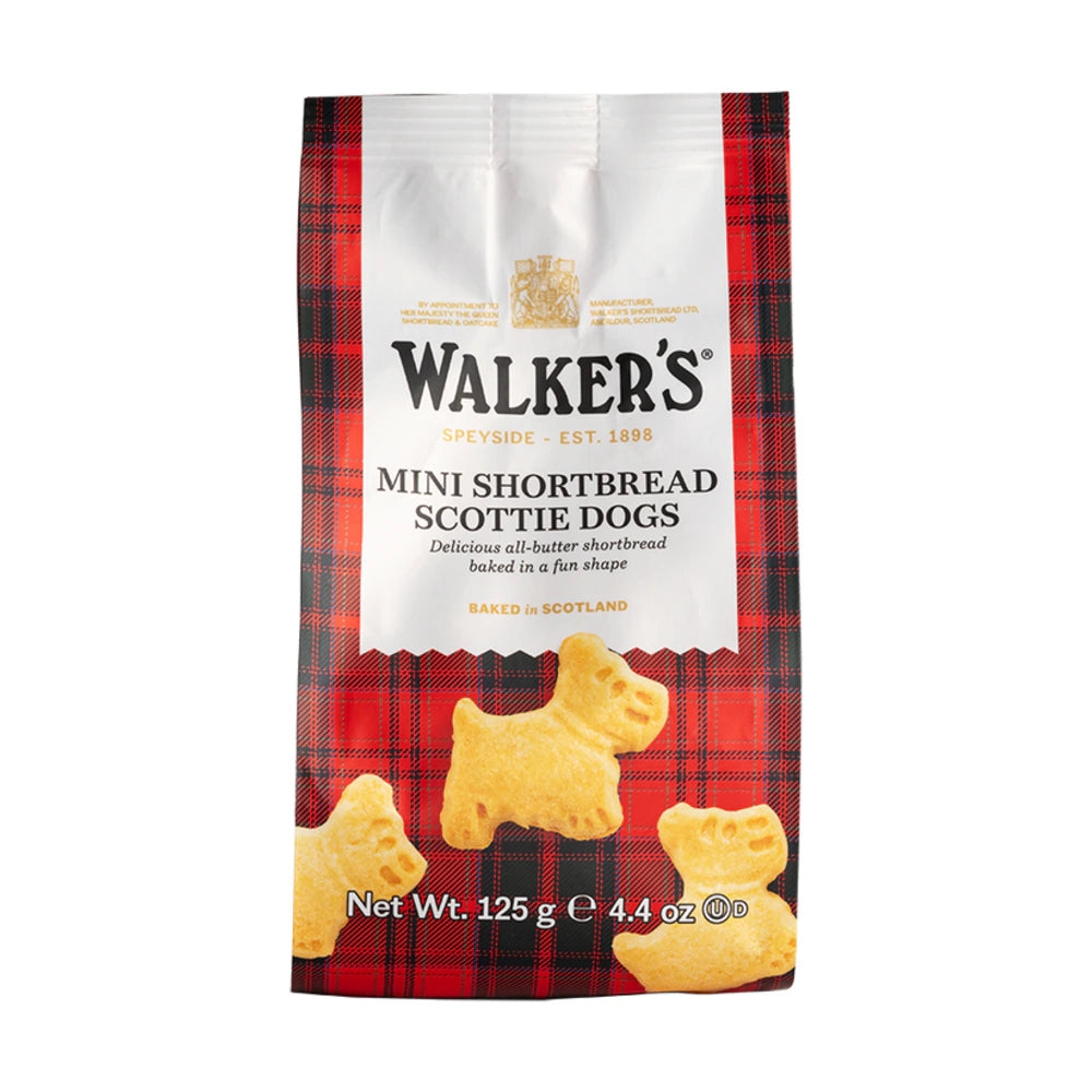 Packaging of Walker's Mini Shortbread Scottie Dogs with red plaid design
