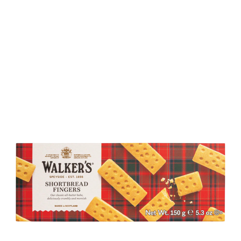 Box of Walkers Shortbread Fingers on a red plaid background