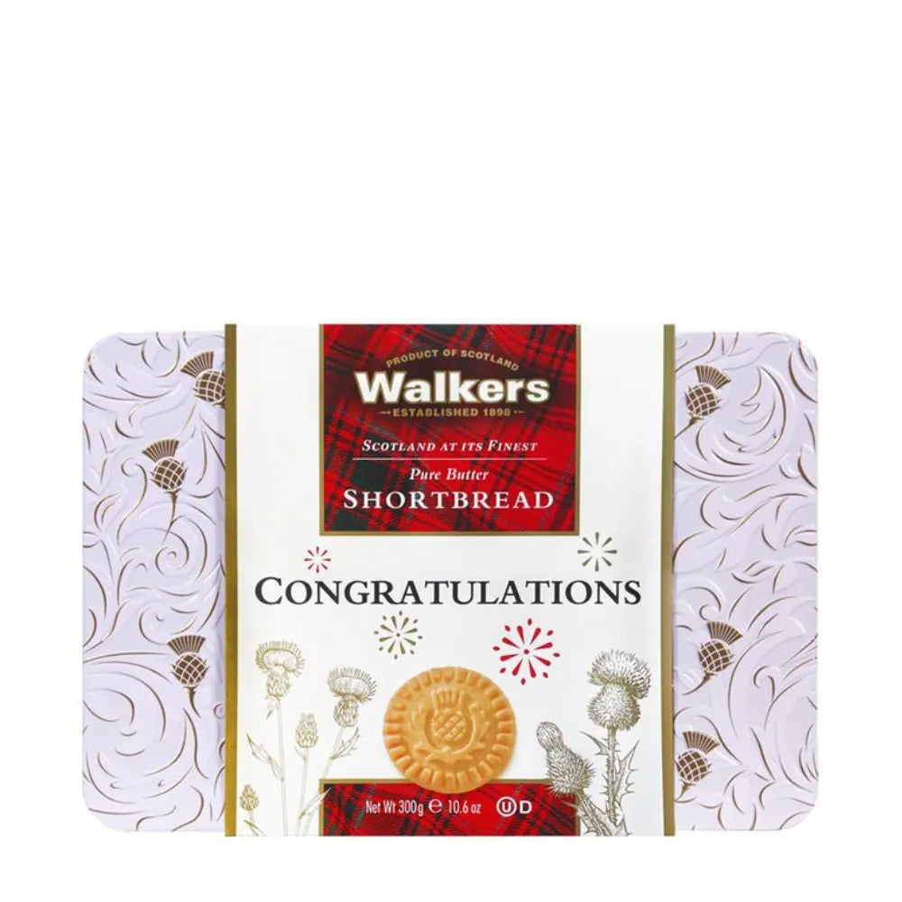 Walkers Shortbread packaging with a congratulatory message on a white background