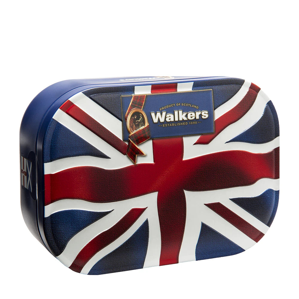 Walkers shortbread tin with Union Jack design on a white background