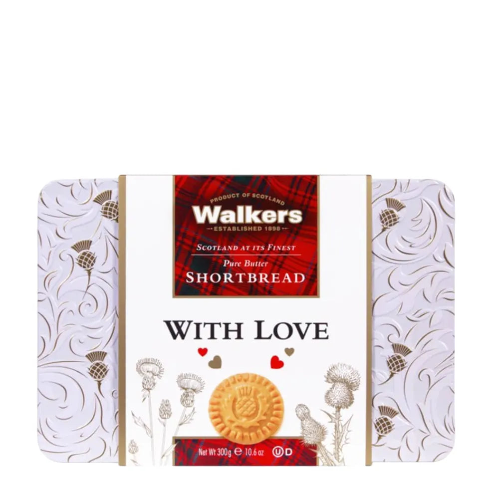 Walkers Shortbread packaging with decorative design and branding.