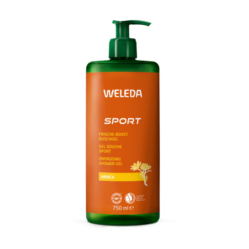 Weleda Sport shower gel bottle on a white background