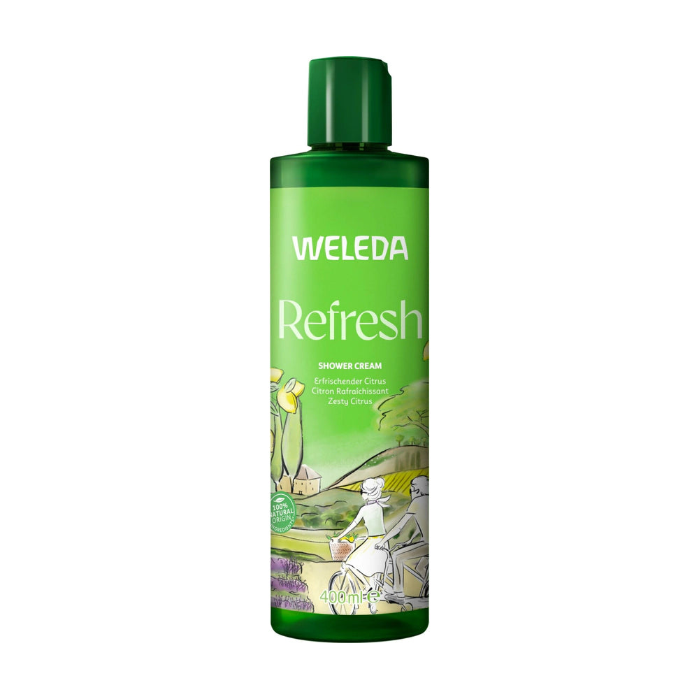 Weleda Refresh shower cream bottle on a white background