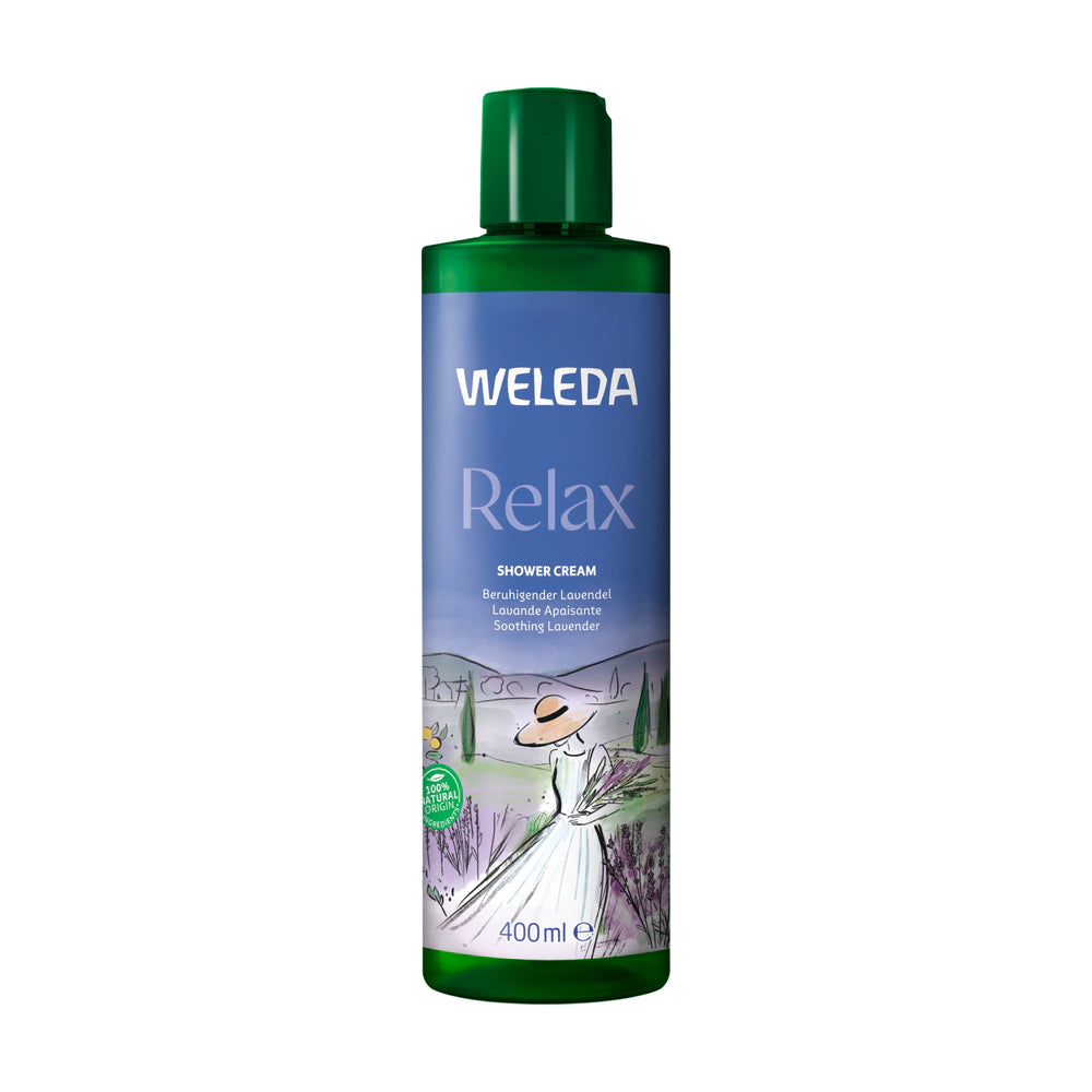 Weleda Relax shower cream bottle on a white background
