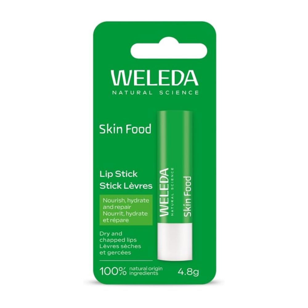 Weleda Skin Food lip stick packaging on a white background