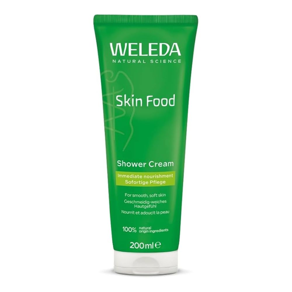 Weleda Skin Food Shower Cream tube on a white background