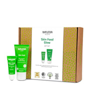 Weleda Skin Food Glow gift set with green tubes and brown packaging on a white background