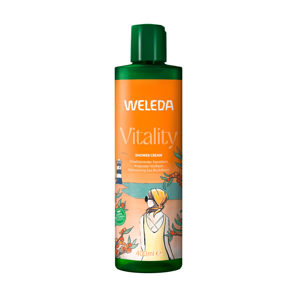 Weleda Vitality shower cream bottle on a white background